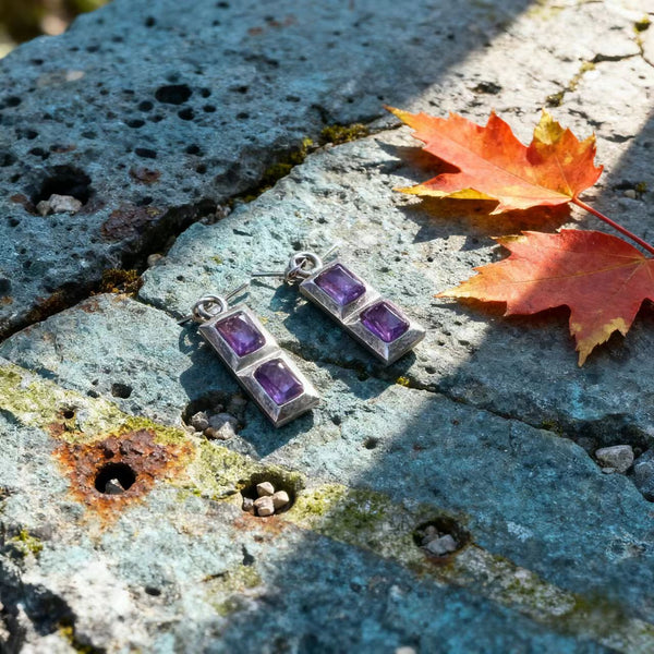 Handmade Bohemian 925 Sterling Silver Dangle Earrings with Amethyst Accents