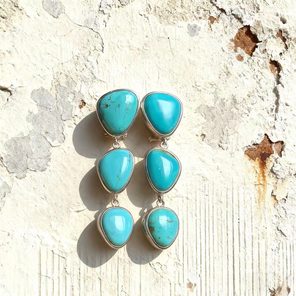 Handmade Bohemian 925 Sterling Silver Dangle Earrings with Multi-Turquoise Accents