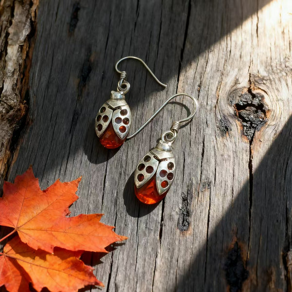 Handmade Bohemian 925 Sterling Silver Dangle Earrings with Amber Ladybug Accents