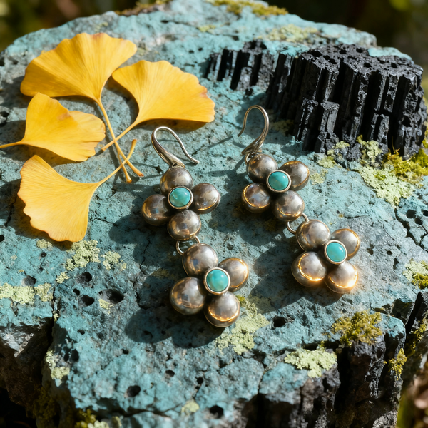 Handmade Bohemian 925 Sterling Silver Dangle Earrings with Turquoise Flower Accents