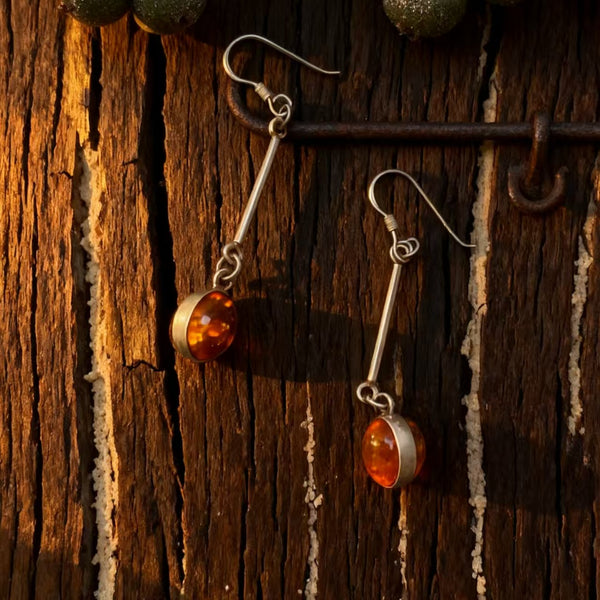 Handmade Bohemian 925 Sterling Silver Dangle Earrings with Amber Accents