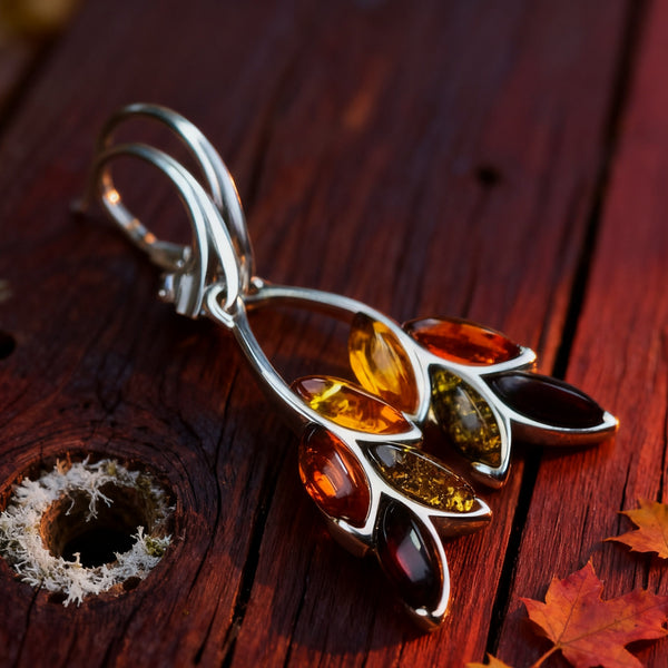 Handmade Bohemian 925 Sterling Silver Dangle Earrings with Amber and Garnet Accents