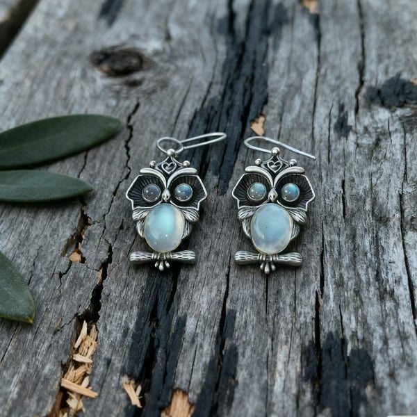 Handmade Bohemian 925 Sterling Silver Owl Dangle Earrings with Moonstone Accents