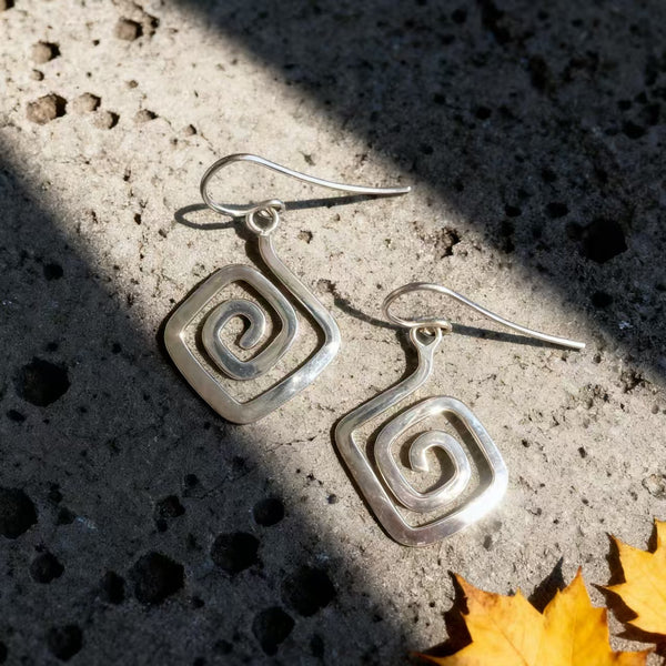 Handmade Bohemian 925 Sterling Silver Geometric Spiral Dangle Earrings