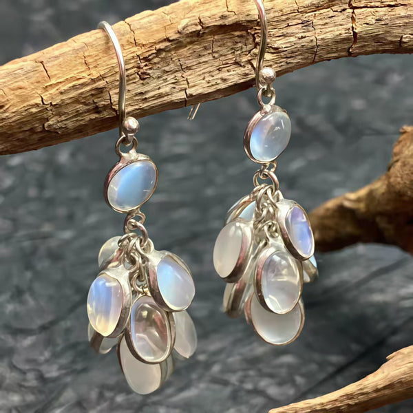 Handmade Bohemian 925 Sterling Silver Dangle Earrings with Natural Moonstone Accents
