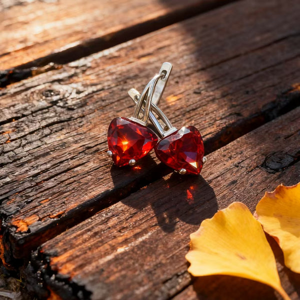 Handmade Bohemian 925 Sterling Silver Dangle Earrings with Heart-Shaped Garnet Accents