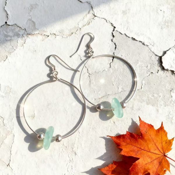 Handmade Bohemian 925 Sterling Silver Hoop Earrings with Irregular Aquamarine Accents