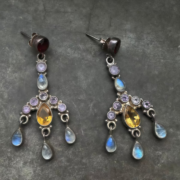 Handmade Bohemian 925 Sterling Silver Dangle Earrings with Moonstone, Crystal, and Garnet Accents