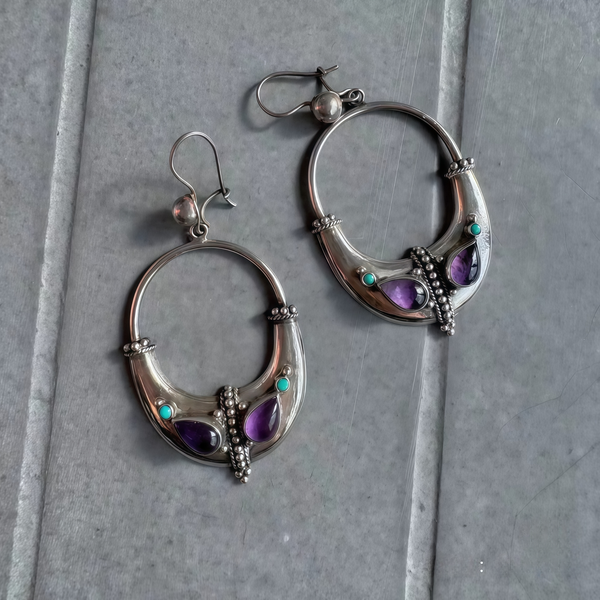Handmade Bohemian 925 Sterling Silver Hoop Earrings with Amethyst Crystal and Turquoise Accents