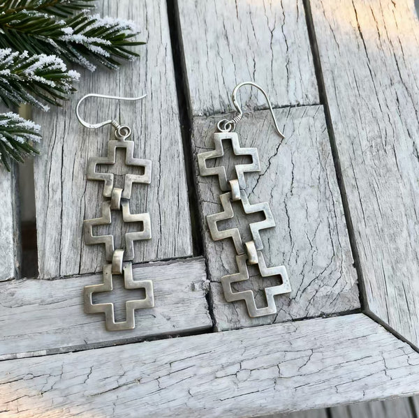 Handmade Bohemian 925 Sterling Silver Geometric Cross-Link Dangle Earrings