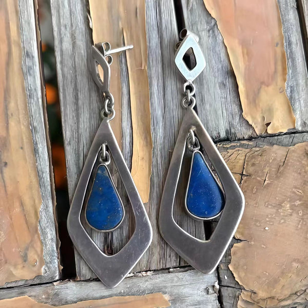 Handmade Bohemian 925 Sterling Silver Geometric Dangle Earrings with Lapis Lazuli Accents