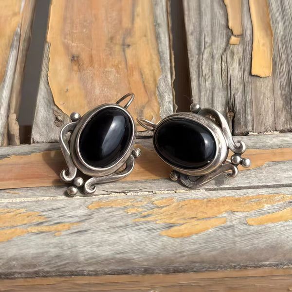 Handmade Bohemian 925 Sterling Silver Dangle Earrings with Black Onyx Accents