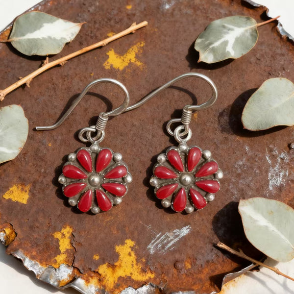 Handmade Bohemian 925 Sterling Silver Floral Dangle Earrings with Red Agate Accents