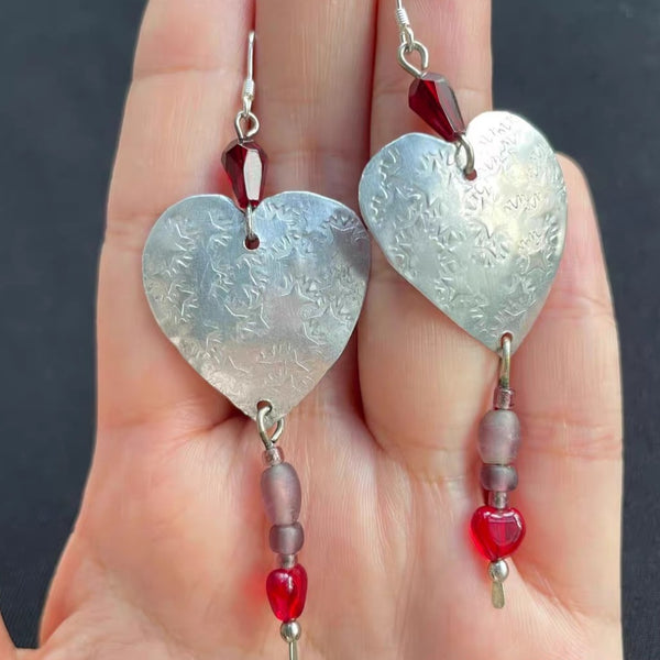Handmade Bohemian 925 Sterling Silver Heart Dangle Earrings with Garnet Accents