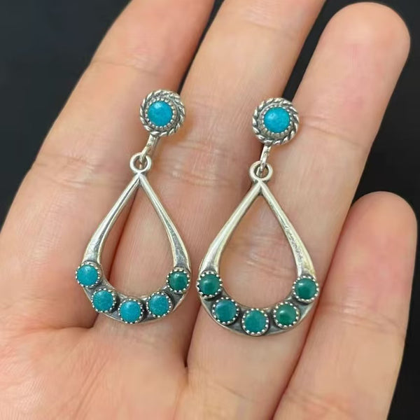 Handmade Bohemian 925 Sterling Silver Teardrop Dangle Earrings with Turquoise Accents