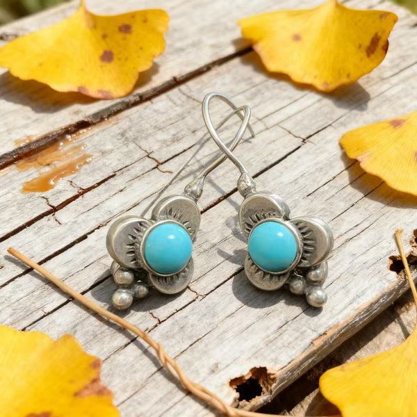 Handmade Bohemian 925 Sterling Silver Floral Dangle Earrings with Turquoise Accents