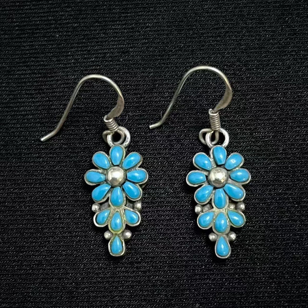 Handmade Bohemian 925 Sterling Silver Floral Dangle Earrings with Turquoise Accents