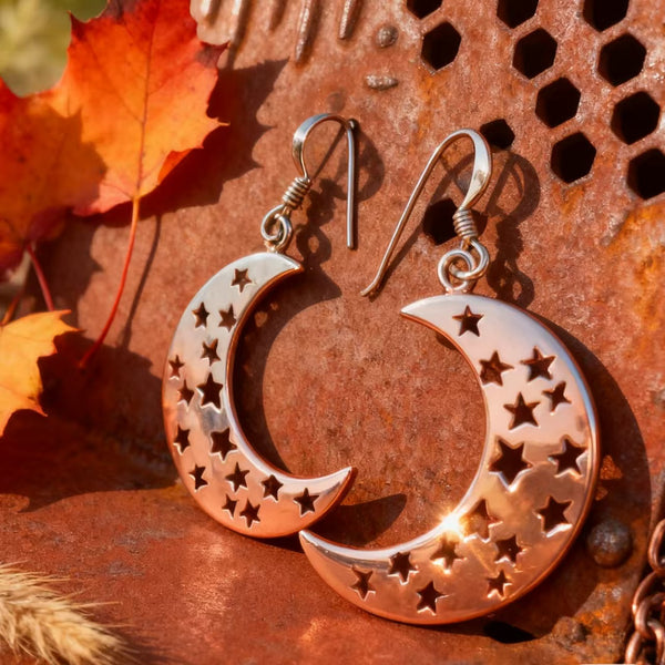Handmade Bohemian 925 Sterling Silver Moon and Star Dangle Earrings
