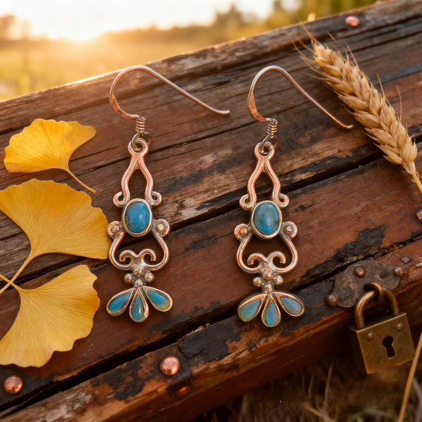 Handmade Bohemian 925 Sterling Silver Filigree Dangle Earrings with Turquoise Accents