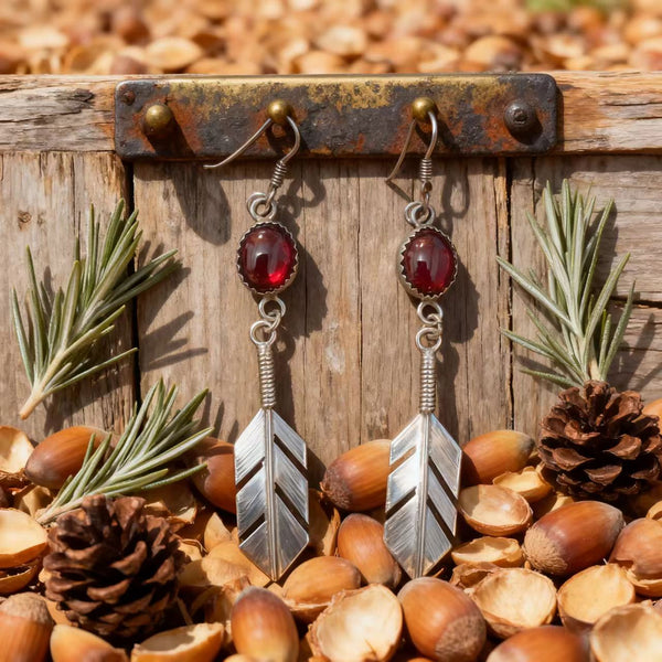 Handmade Bohemian 925 Sterling Silver Feather Dangle Earrings with Garnet Accents