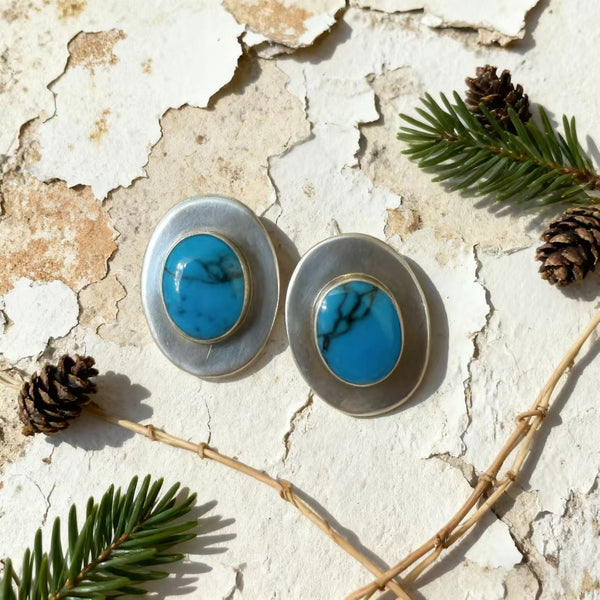 Handmade Bohemian 925 Sterling Silver Oval Stud Earrings with Turquoise Accents