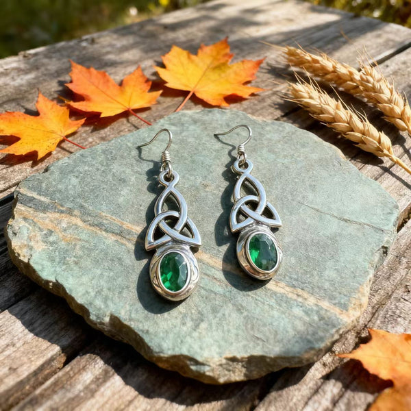 Handmade Bohemian 925 Sterling Silver Celtic Knot Dangle Earrings with Green Crystal Accents