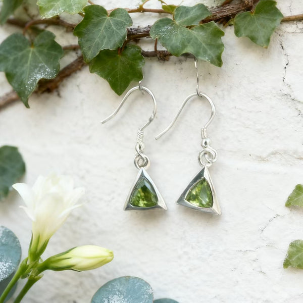 Handmade Bohemian 925 Sterling Silver Geometric Triangle Dangle Earrings with Peridot Accents