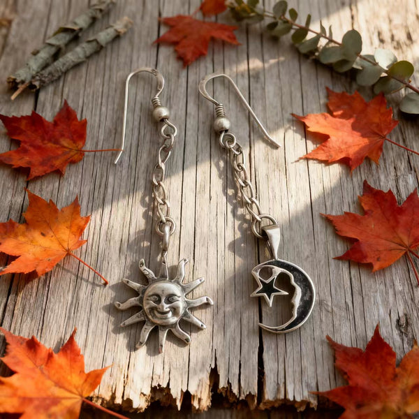 Handmade Bohemian 925 Sterling Silver Sun and Moon Dangle Earrings