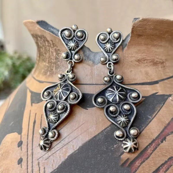 Handmade Bohemian Sterling Silver Filigree Dangle Earrings with Southwestern Design