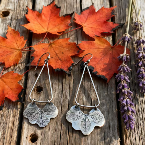 Handmade Bohemian Sterling Silver Floral Leaf Dangle Earrings with Botanical Design