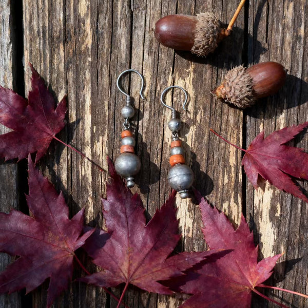 Handmade Bohemian 925 Sterling Silver Vintage Beaded Dangle Earrings with Red Agate Accents