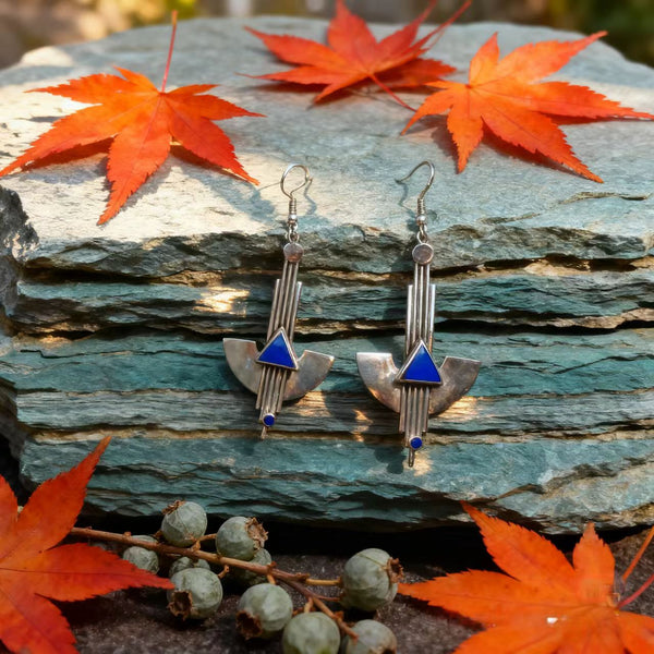 Handmade Bohemian 925 Sterling Silver Vintage Geometric Dangle Earrings with Lapis Lazuli Accents