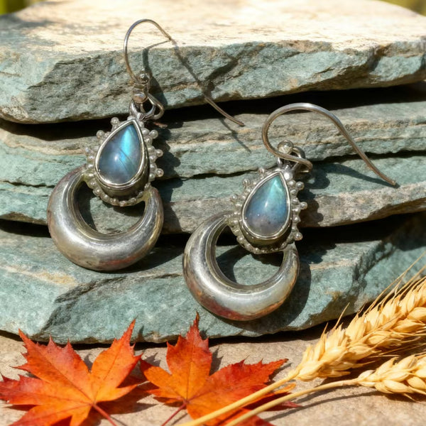Handmade Bohemian 925 Sterling Silver Vintage Moon Dangle Earrings with Labradorite Accents