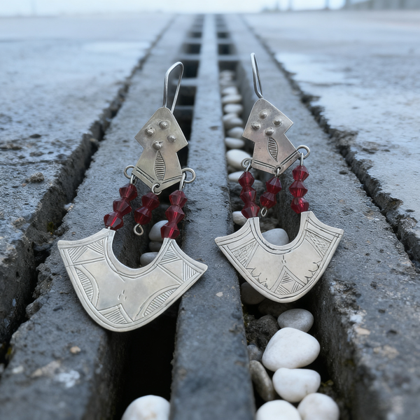 Handmade Bohemian 925 Sterling Silver Tribal Dangle Earrings with Red Crystal Accents