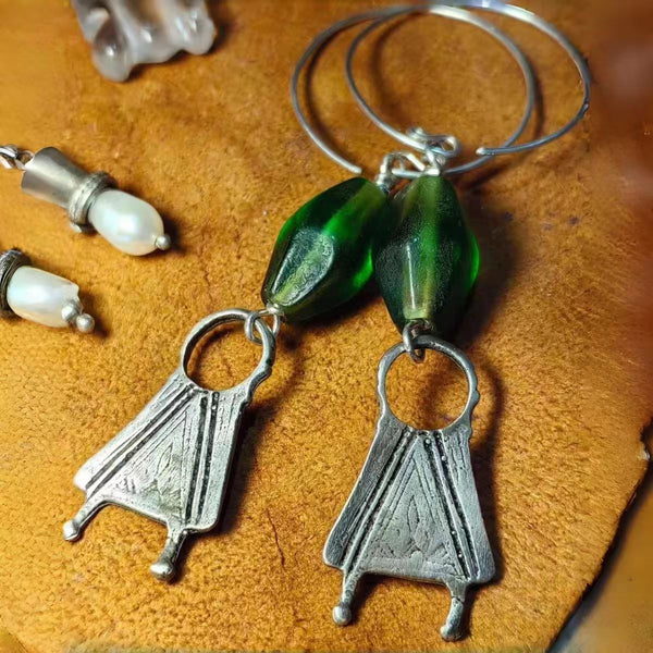 Handmade Bohemian 925 Sterling Silver Tribal Dangle Earrings with Green Resin Accents