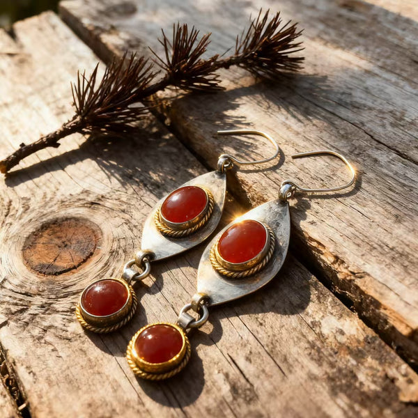 Handmade Bohemian 925 Sterling Silver Vintage Teardrop Dangle Earrings with Red Agate Accents