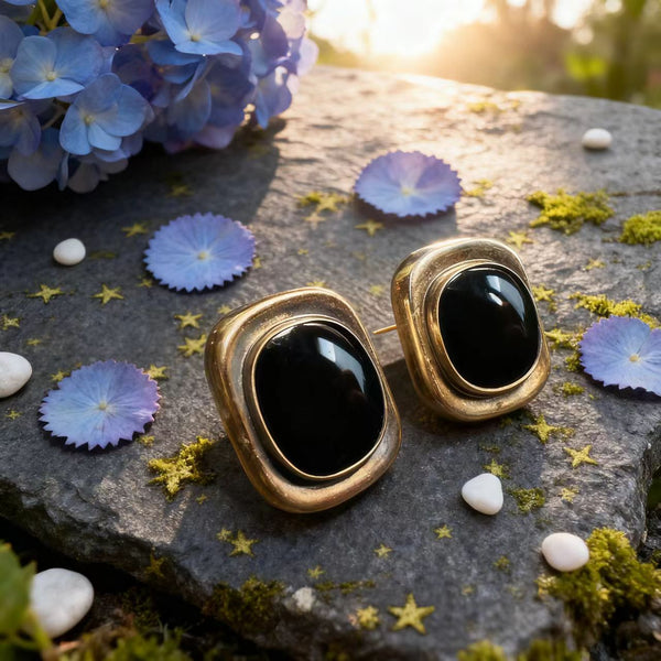 Handmade Bohemian 925 Sterling Silver Vintage Geometric Stud Earrings with Black Onyx Accents