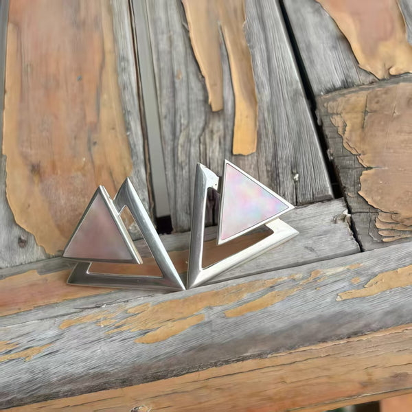 Handmade Bohemian 925 Sterling Silver Geometric Triangle Stud Earrings with Mother-of-Pearl Accents