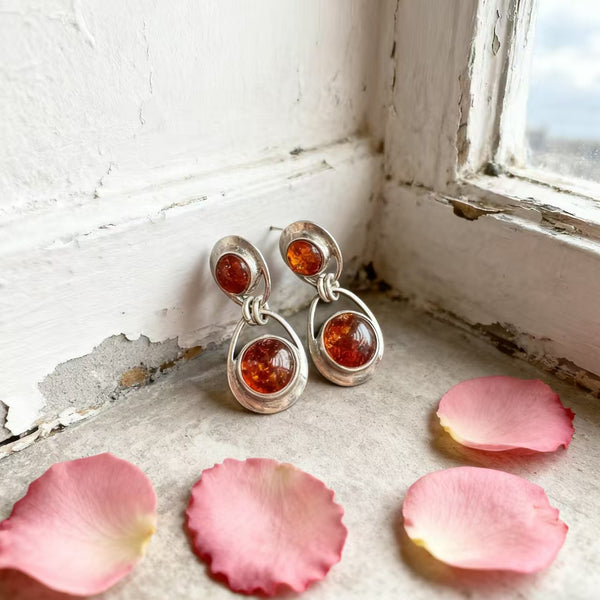 Handmade Bohemian 925 Sterling Silver Vintage Drop Earrings with Amber Accents