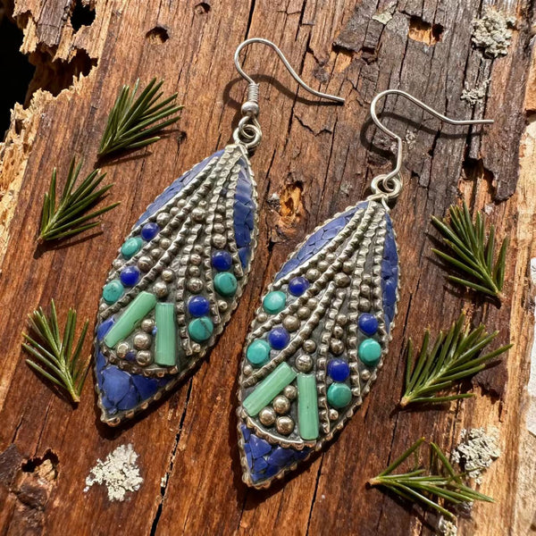 Handmade Bohemian 925 Sterling Silver Multi-Gemstone Mosaic Dangle Earrings with Turquoise and Lapis Lazuli Accents