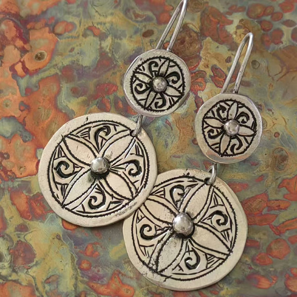 Handmade Bohemian 925 Sterling Silver Tribal Disc Dangle Earrings with Intricate Stamping