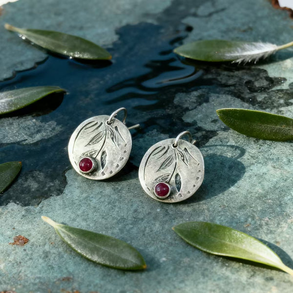 Handmade Bohemian 925 Sterling Silver Botanical Disc Dangle Earrings with Red Agate Accents