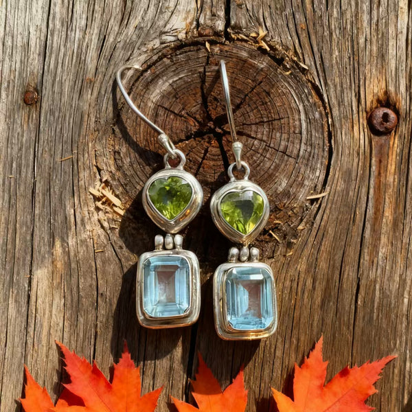 Handmade Bohemian 925 Sterling Silver Multi-Gemstone Dangle Earrings with Aquamarine and Peridot Accents