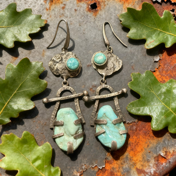 Handmade Bohemian 925 Sterling Silver Tribal Turquoise Dangle Earrings