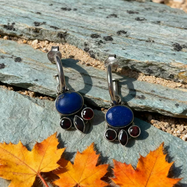 Handmade Bohemian 925 Sterling Silver Multi-Gemstone Drop Earrings with Lapis Lazuli and Garnet Accents