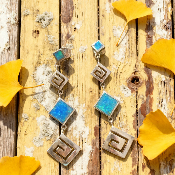 Handmade Bohemian 925 Sterling Silver Geometric Drop Earrings with Opal Accents