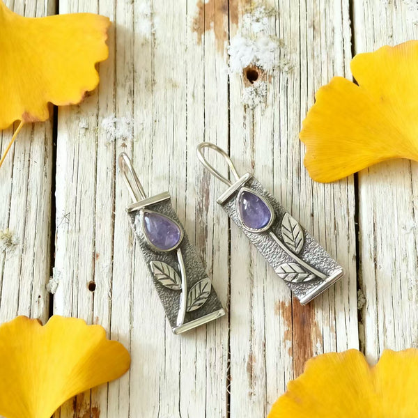 Handmade Bohemian 925 Sterling Silver Botanical Drop Earrings with Amethyst Accents