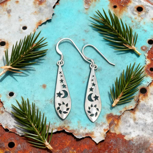 Handmade Bohemian 925 Sterling Silver Celestial Drop Earrings with Sun, Moon, and Star Detailing