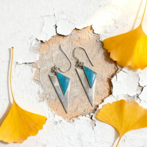 Handmade Bohemian 925 Sterling Silver Geometric Triangle Dangle Earrings with Turquoise Accents