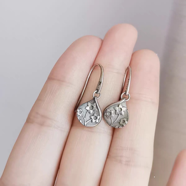 Handmade Bohemian 925 Sterling Silver Floral Teardrop Dangle Earrings
